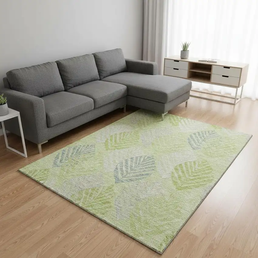 Artichoke Green Ivory And Beige Floral Washable Area Rug With UV Protection Photo 2