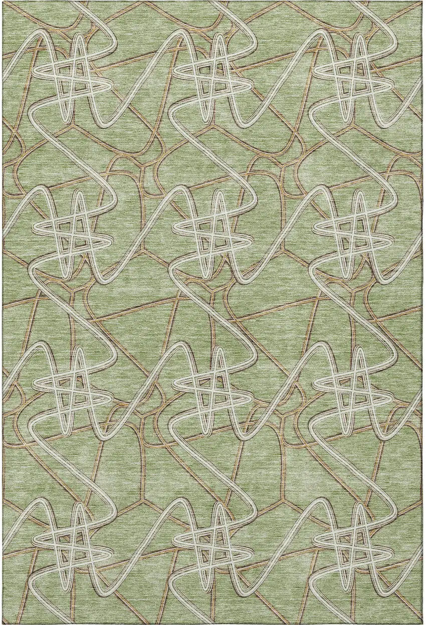 Artichoke Green Ivory And Beige Geometric Washable Area Rug With UV Protection Photo 3
