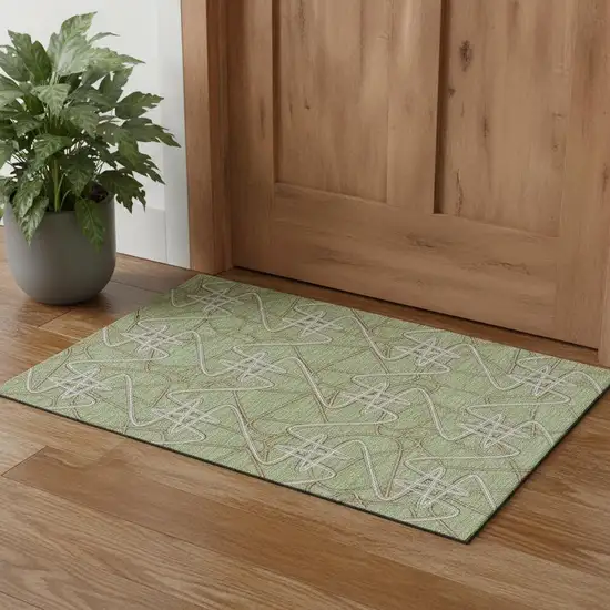 Artichoke Green Ivory And Beige Geometric Washable Area Rug With UV Protection Photo 1