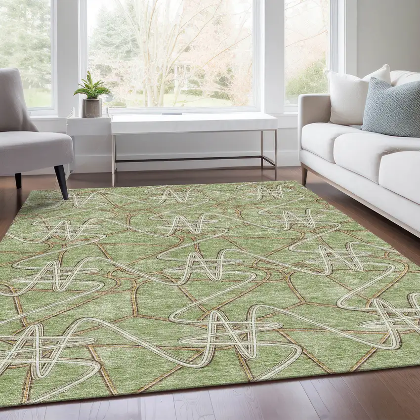 Artichoke Green Ivory And Beige Geometric Washable Area Rug With UV Protection Photo 6
