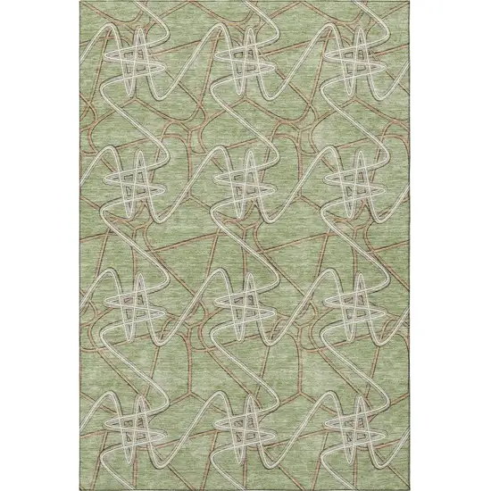 Artichoke Green Ivory And Beige Geometric Washable Area Rug With UV Protection Photo 3