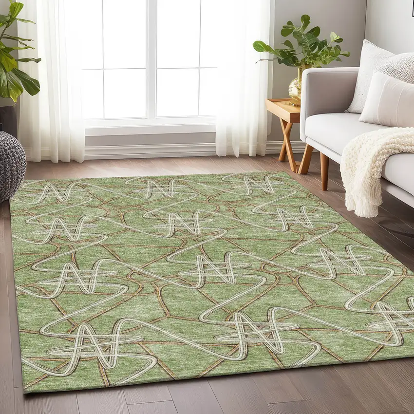 Artichoke Green Ivory And Beige Geometric Washable Area Rug With UV Protection Photo 4