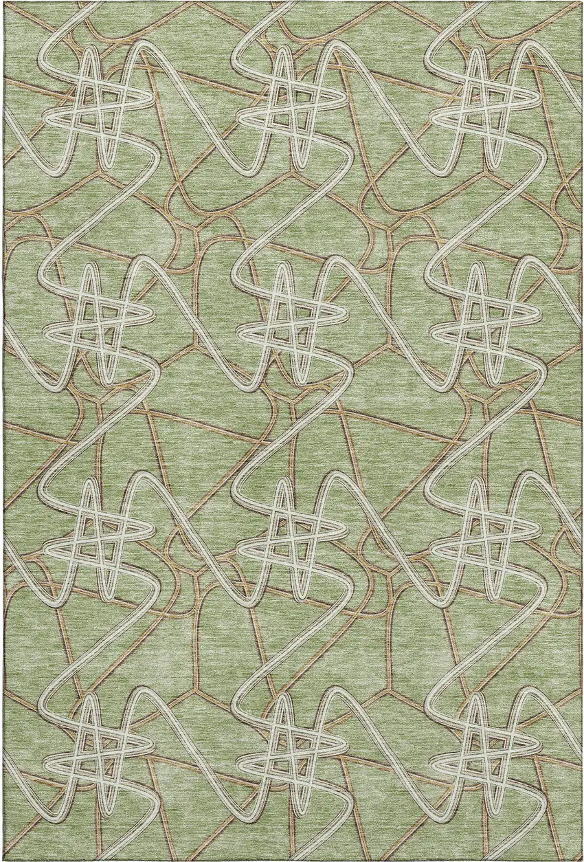 Artichoke Green Ivory And Beige Geometric Washable Area Rug With UV Protection Photo 1