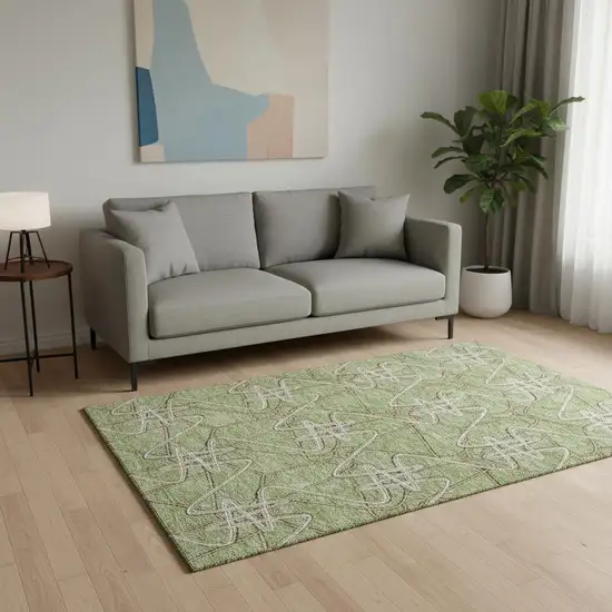 Artichoke Green Ivory And Beige Geometric Washable Area Rug With UV Protection Photo 2