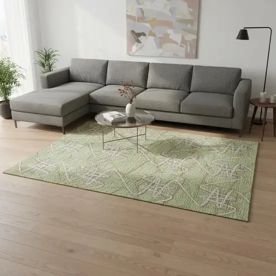 Artichoke Green Ivory And Beige Geometric Washable Area Rug With UV Protection Photo 2