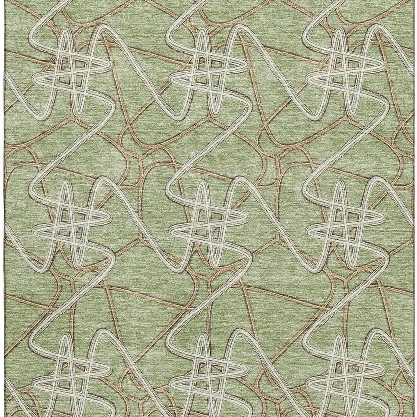 Artichoke Green Ivory And Beige Geometric Washable Area Rug With UV Protection Photo 3