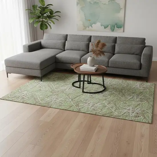 Artichoke Green Ivory And Beige Geometric Washable Area Rug With UV Protection Photo 2