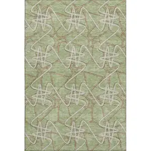 Photo of Artichoke Green Ivory And Beige Geometric Washable Area Rug With UV Protection