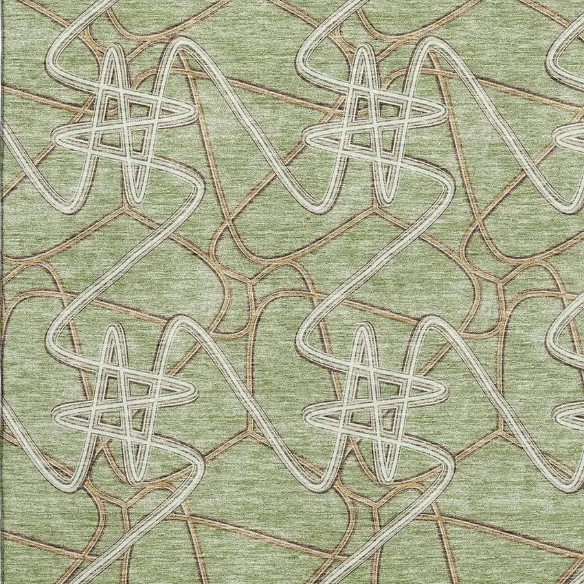 Artichoke Green Ivory And Beige Geometric Washable Area Rug With UV Protection Photo 2