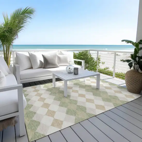 Artichoke Green Ivory And Beige Geometric Washable Indoor Outdoor Area Rug Photo 9