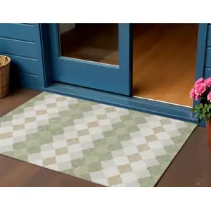 Photo of Artichoke Green Ivory And Beige Geometric Washable Indoor Outdoor Area Rug