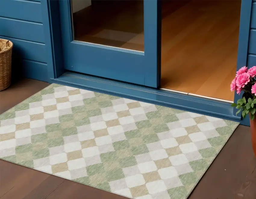 Artichoke Green Ivory And Beige Geometric Washable Indoor Outdoor Area Rug Photo 1