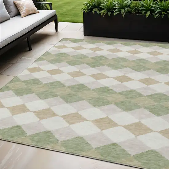 Artichoke Green Ivory And Beige Geometric Washable Indoor Outdoor Area Rug Photo 1