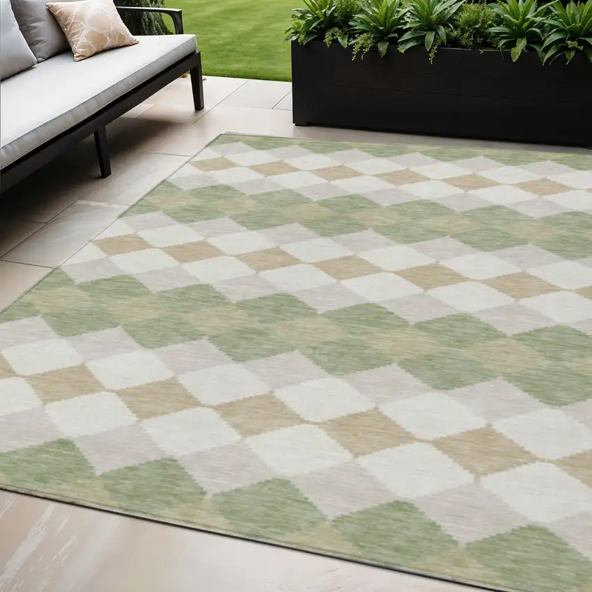 Artichoke Green Ivory And Beige Geometric Washable Indoor Outdoor Area Rug Photo 1