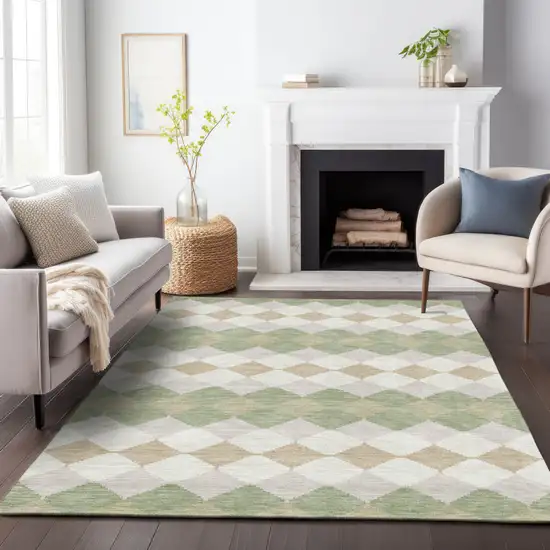 Artichoke Green Ivory And Beige Geometric Washable Indoor Outdoor Area Rug Photo 8