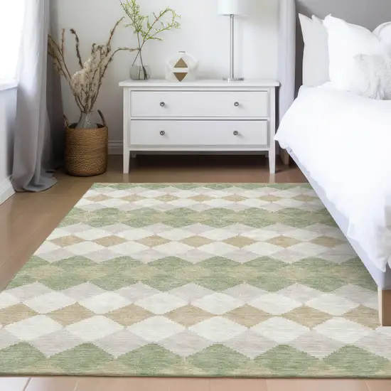 Artichoke Green Ivory And Beige Geometric Washable Indoor Outdoor Area Rug Photo 9
