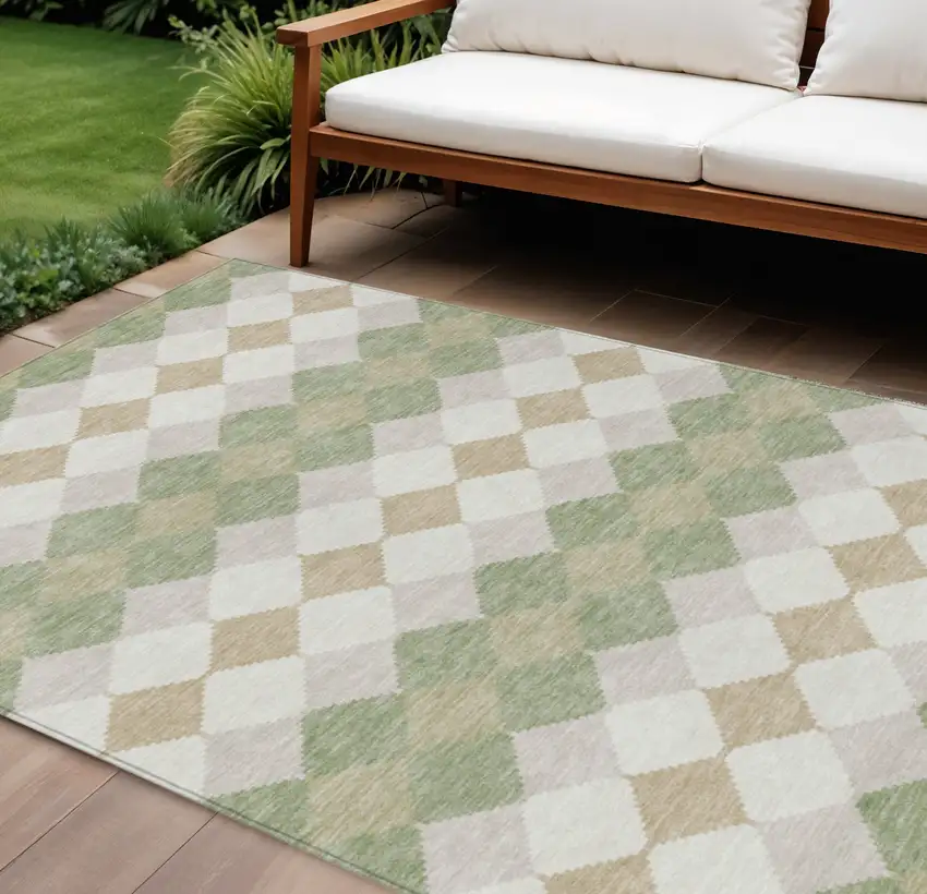 Artichoke Green Ivory And Beige Geometric Washable Indoor Outdoor Area Rug Photo 1