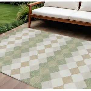 Photo of Artichoke Green Ivory And Beige Geometric Washable Indoor Outdoor Area Rug