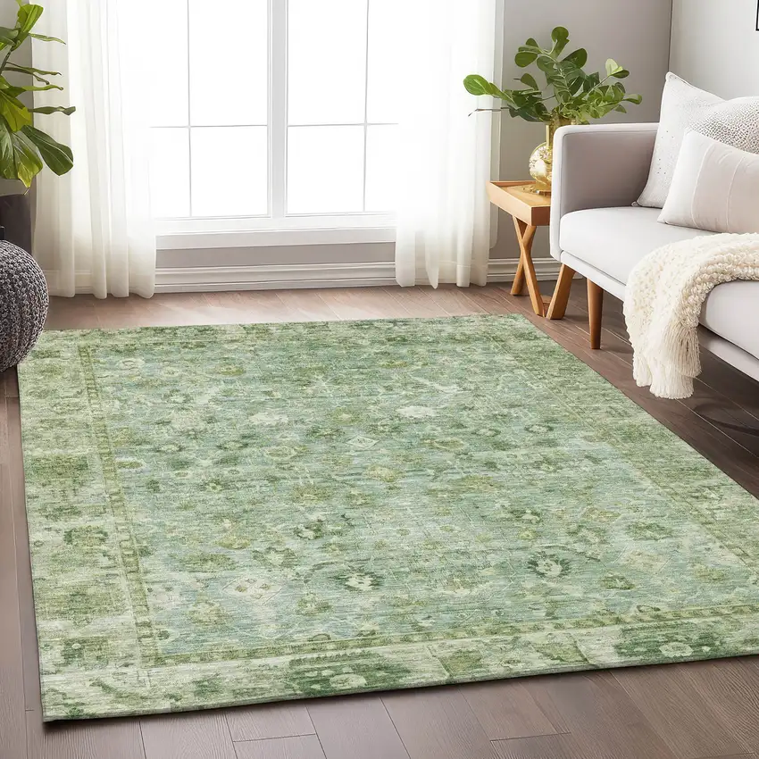 Artichoke Green Ivory And Beige Oriental Washable Indoor Outdoor Area Rug Photo 6