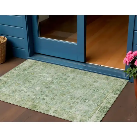 Artichoke Green Ivory And Beige Oriental Washable Indoor Outdoor Area Rug Photo 2