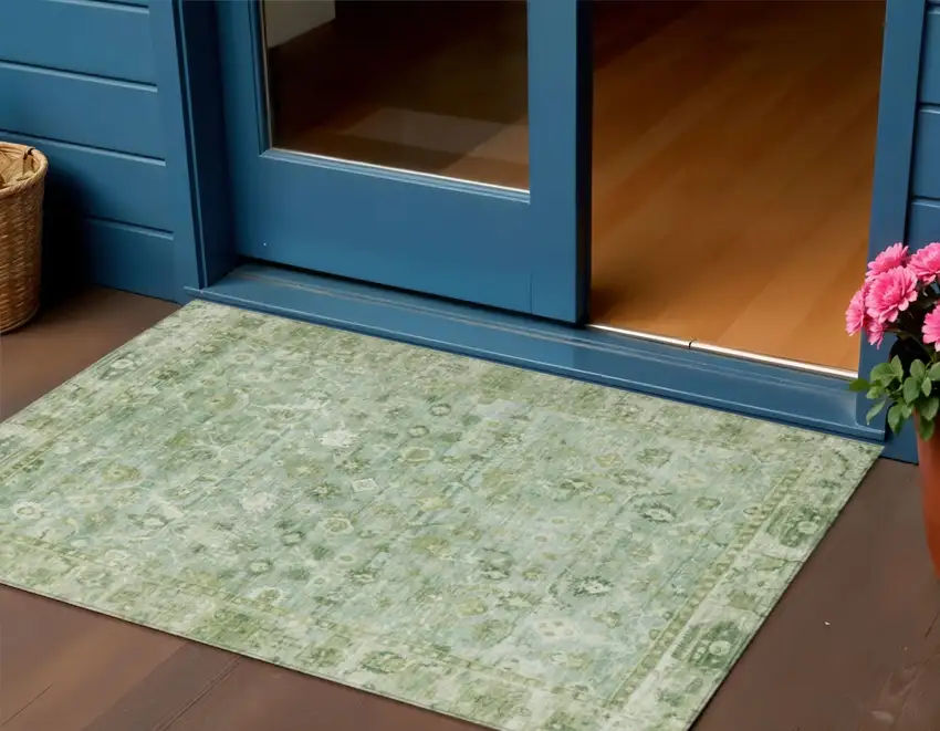 Artichoke Green Ivory And Beige Oriental Washable Indoor Outdoor Area Rug Photo 2