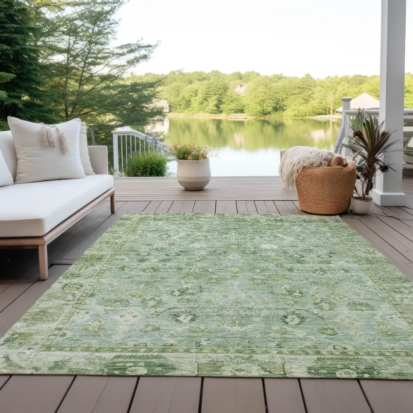 Artichoke Green Ivory And Beige Oriental Washable Indoor Outdoor Area Rug Photo 5