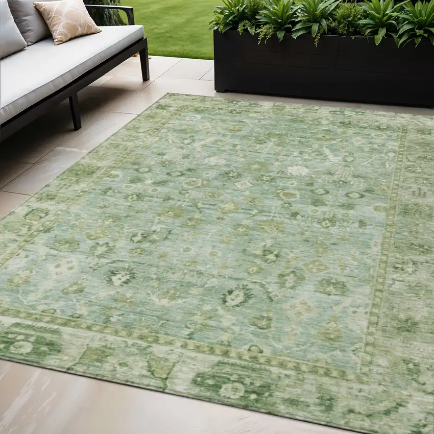 Artichoke Green Ivory And Beige Oriental Washable Indoor Outdoor Area Rug Photo 2