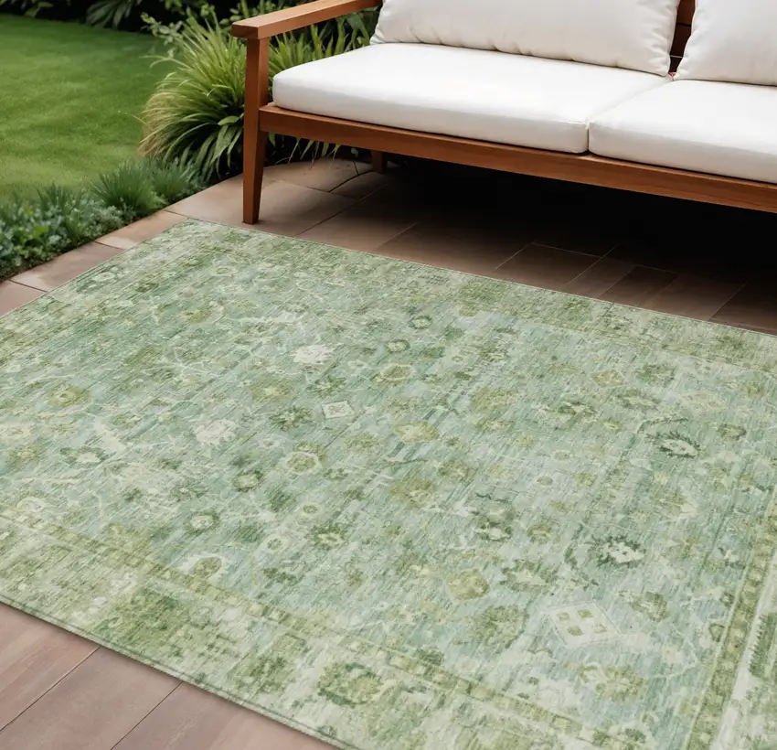 Artichoke Green Ivory And Beige Oriental Washable Indoor Outdoor Area Rug Photo 2