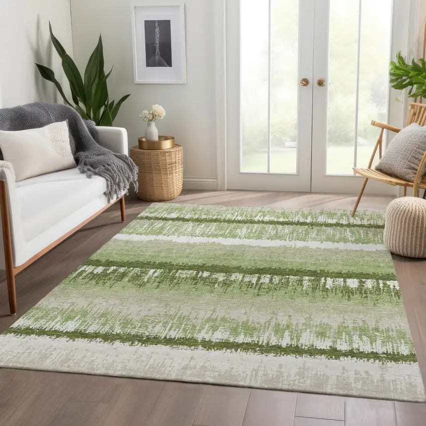Artichoke Green Ivory And Beige Striped Washable Area Rug With UV Protection Photo 1