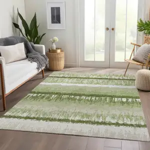 Photo of Artichoke Green Ivory And Beige Striped Washable Area Rug With UV Protection
