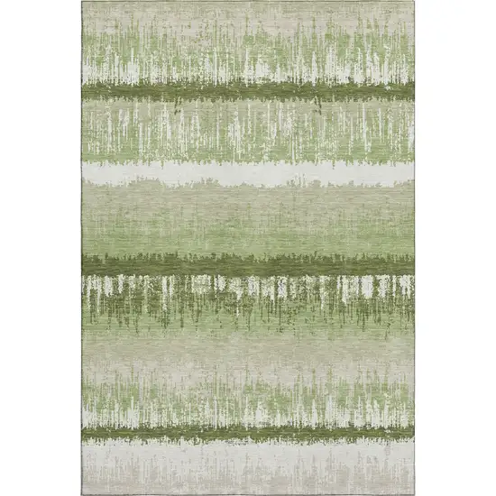 Artichoke Green Ivory And Beige Striped Washable Area Rug With UV Protection Photo 3