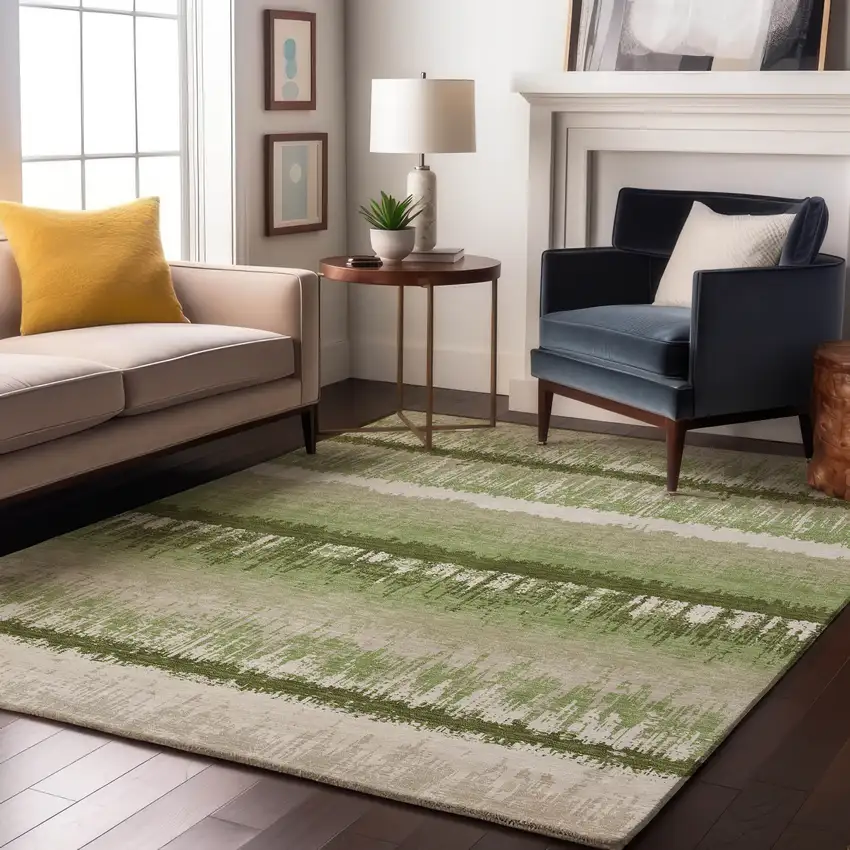 Artichoke Green Ivory And Beige Striped Washable Area Rug With UV Protection Photo 2