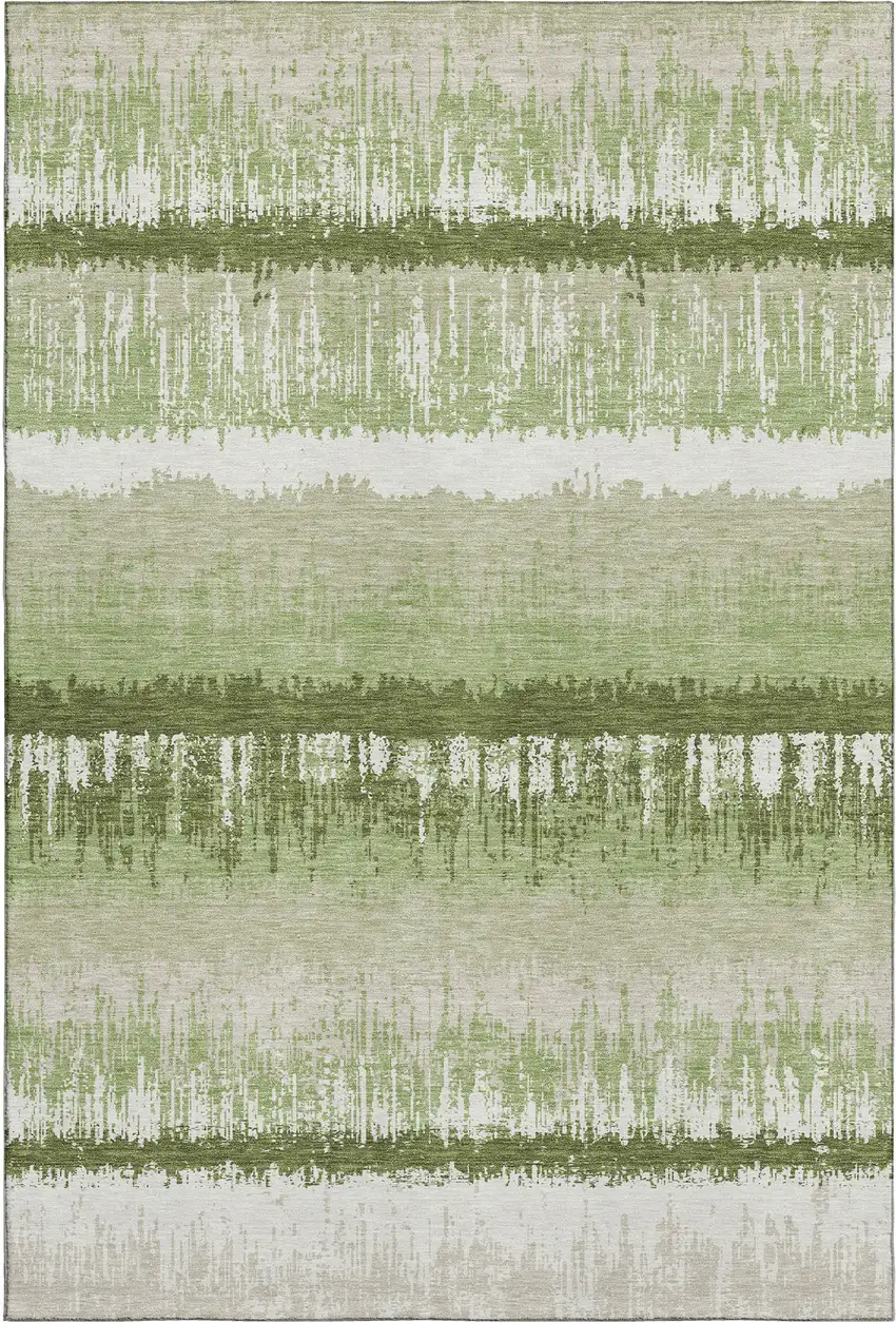Artichoke Green Ivory And Beige Striped Washable Area Rug With UV Protection Photo 3