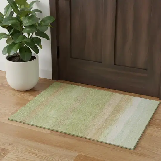 Artichoke Green Ivory And Beige Striped Washable Area Rug With UV Protection Photo 1