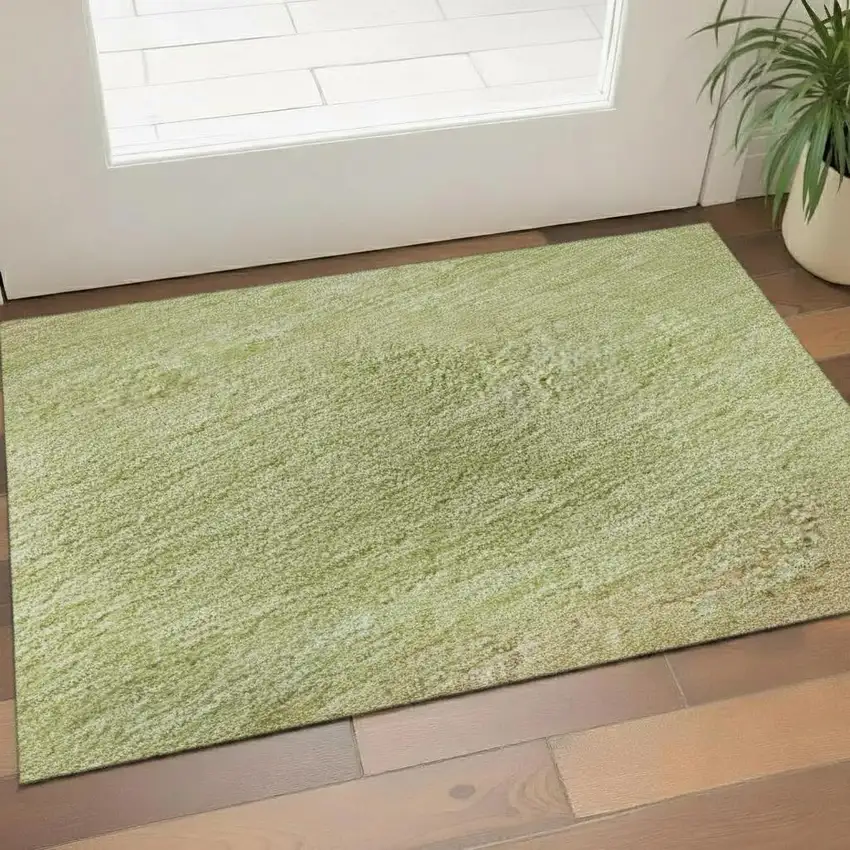 Artichoke Green Ivory And Beige Striped Washable Area Rug With UV Protection Photo 2