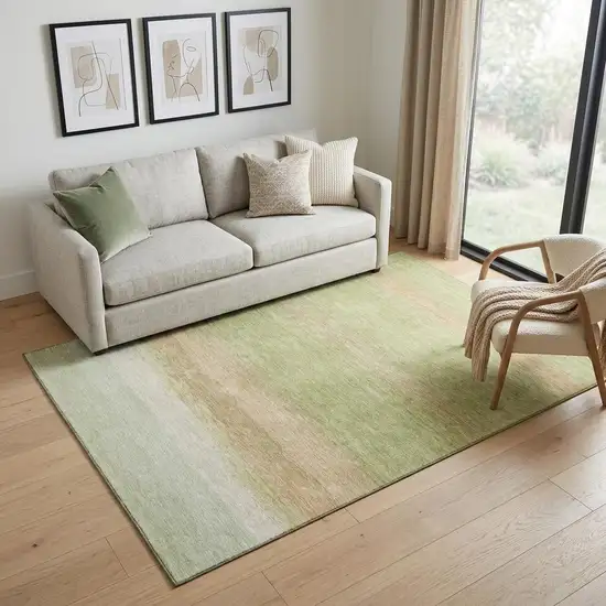 Artichoke Green Ivory And Beige Striped Washable Area Rug With UV Protection Photo 1
