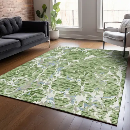 Artichoke Green Ivory And Beige Striped Washable Indoor Outdoor Area Rug Photo 9
