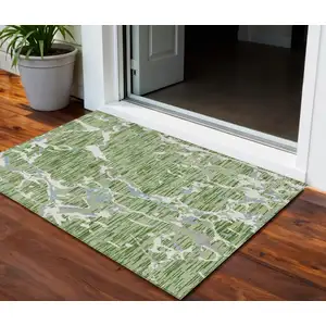 Photo of Artichoke Green Ivory And Beige Striped Washable Indoor Outdoor Area Rug