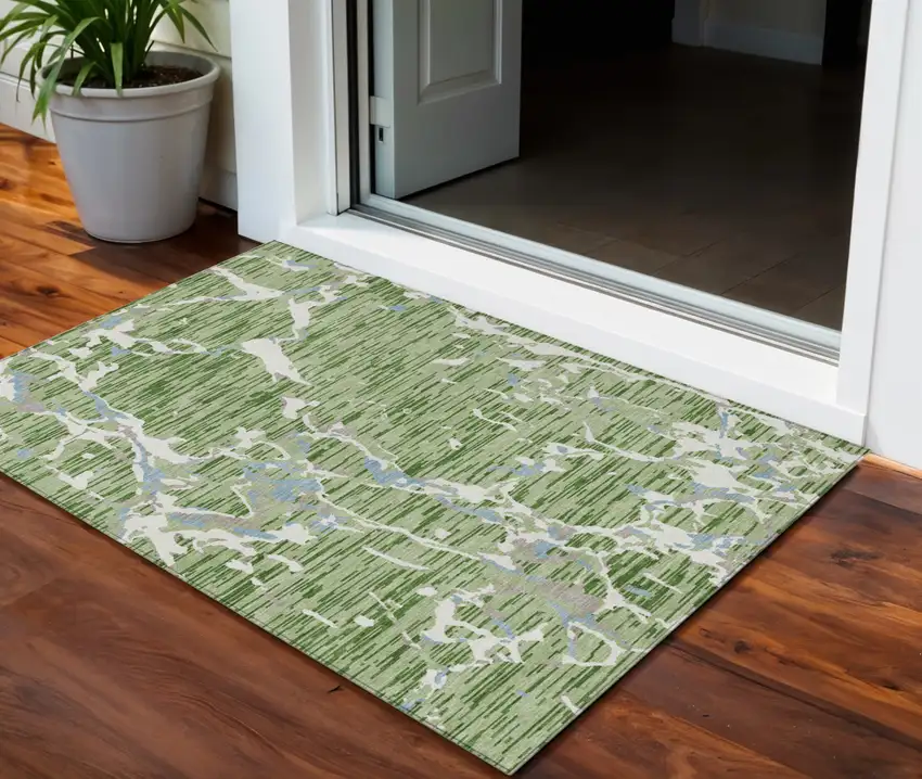 Artichoke Green Ivory And Beige Striped Washable Indoor Outdoor Area Rug Photo 1