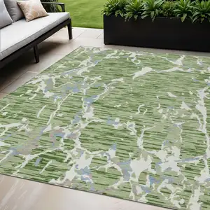 Photo of Artichoke Green Ivory And Beige Striped Washable Indoor Outdoor Area Rug