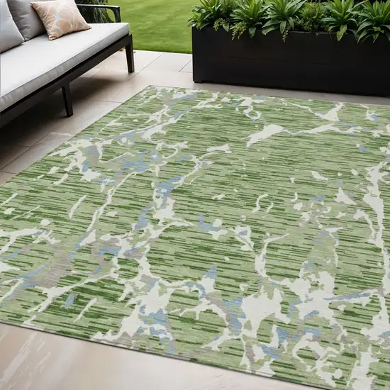 Artichoke Green Ivory And Beige Striped Washable Indoor Outdoor Area Rug Photo 1