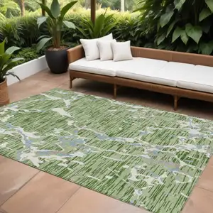 Photo of Artichoke Green Ivory And Beige Striped Washable Indoor Outdoor Area Rug