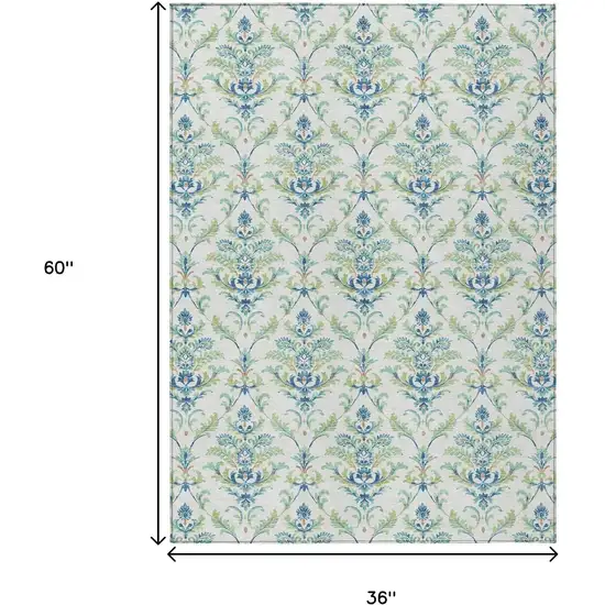 Artichoke Green Ivory And Blue Damask Washable Indoor Outdoor Area Rug Photo 3
