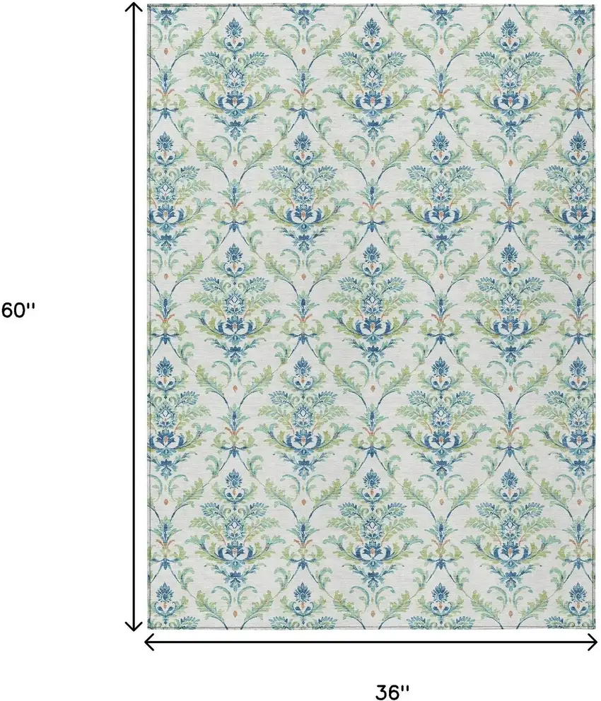 Artichoke Green Ivory And Blue Damask Washable Indoor Outdoor Area Rug Photo 3