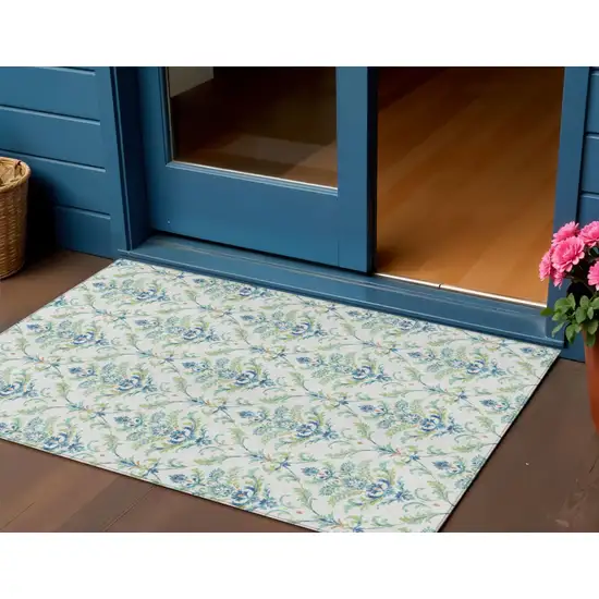 Artichoke Green Ivory And Blue Damask Washable Indoor Outdoor Area Rug Photo 1