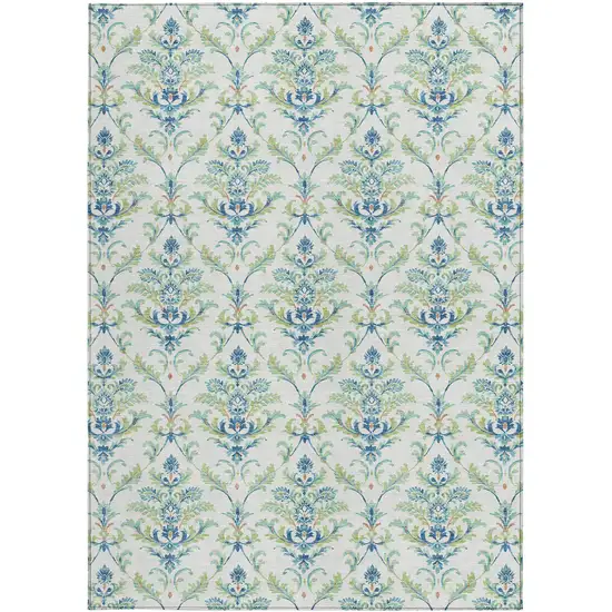 Artichoke Green Ivory And Blue Damask Washable Indoor Outdoor Area Rug Photo 4