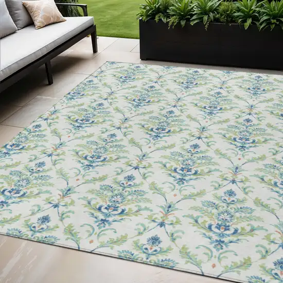 Artichoke Green Ivory And Blue Damask Washable Indoor Outdoor Area Rug Photo 1