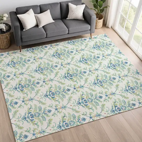 Artichoke Green Ivory And Blue Damask Washable Indoor Outdoor Area Rug Photo 9