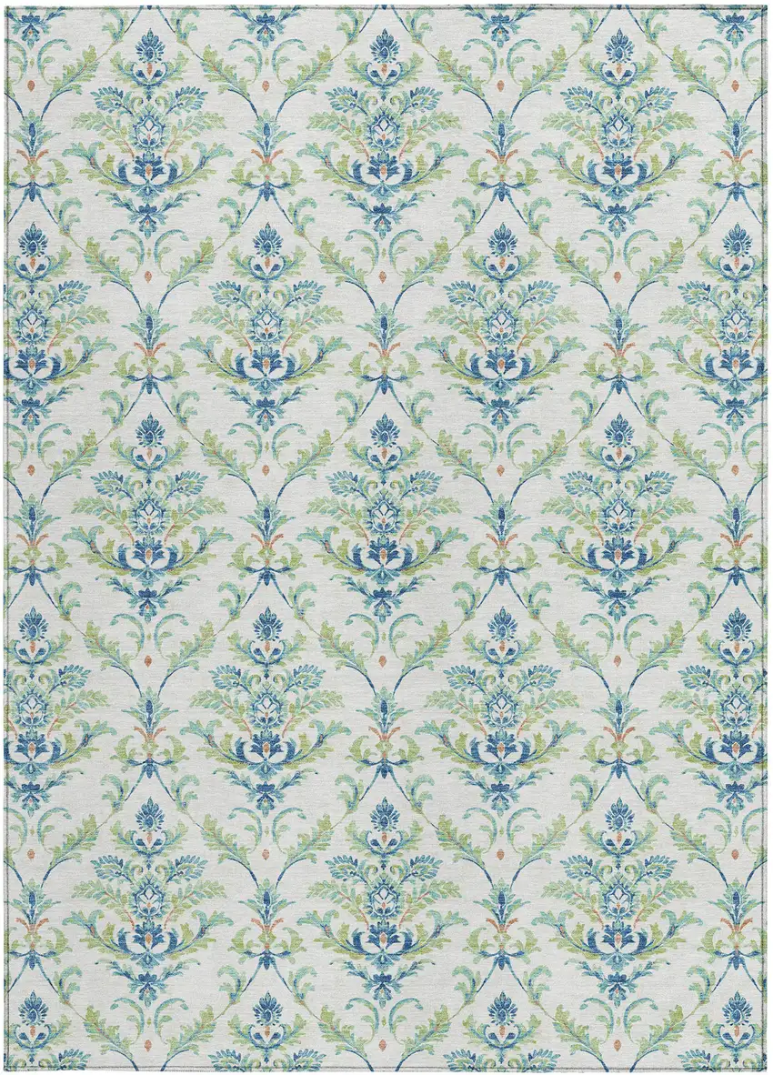 Artichoke Green Ivory And Blue Damask Washable Indoor Outdoor Area Rug Photo 5