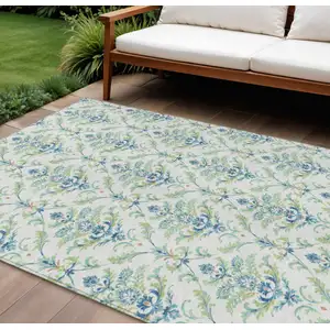 Photo of Artichoke Green Ivory And Blue Damask Washable Indoor Outdoor Area Rug